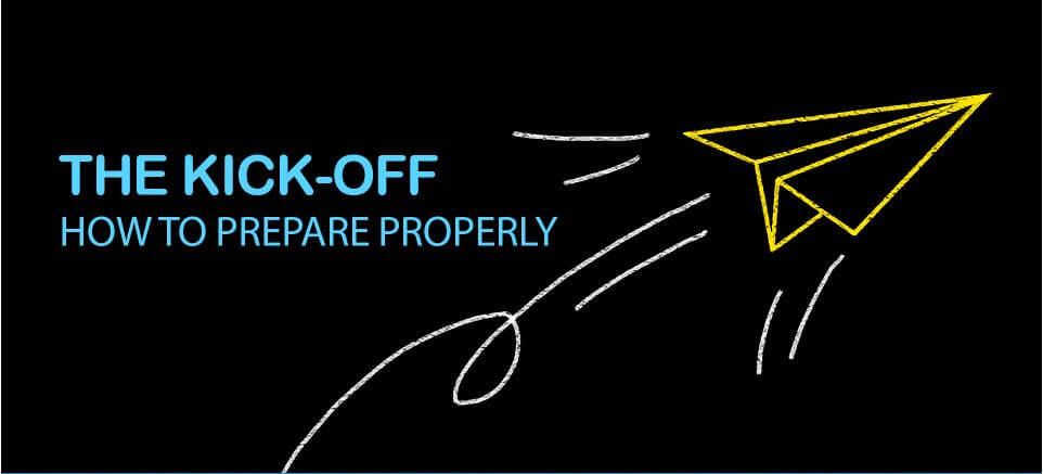 Drawing of a paper plane with the text "The kick-off, how to prepare properly"