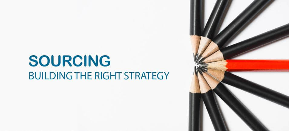 Image of pencils arranged in a fan shape with the text "Sourcing, building the right strategy"